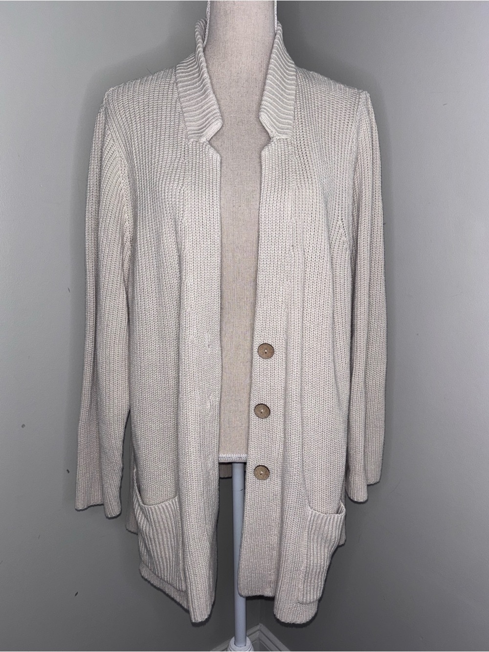 J. Jill ecru cream long thick cardigan sweater button front pockets size XL